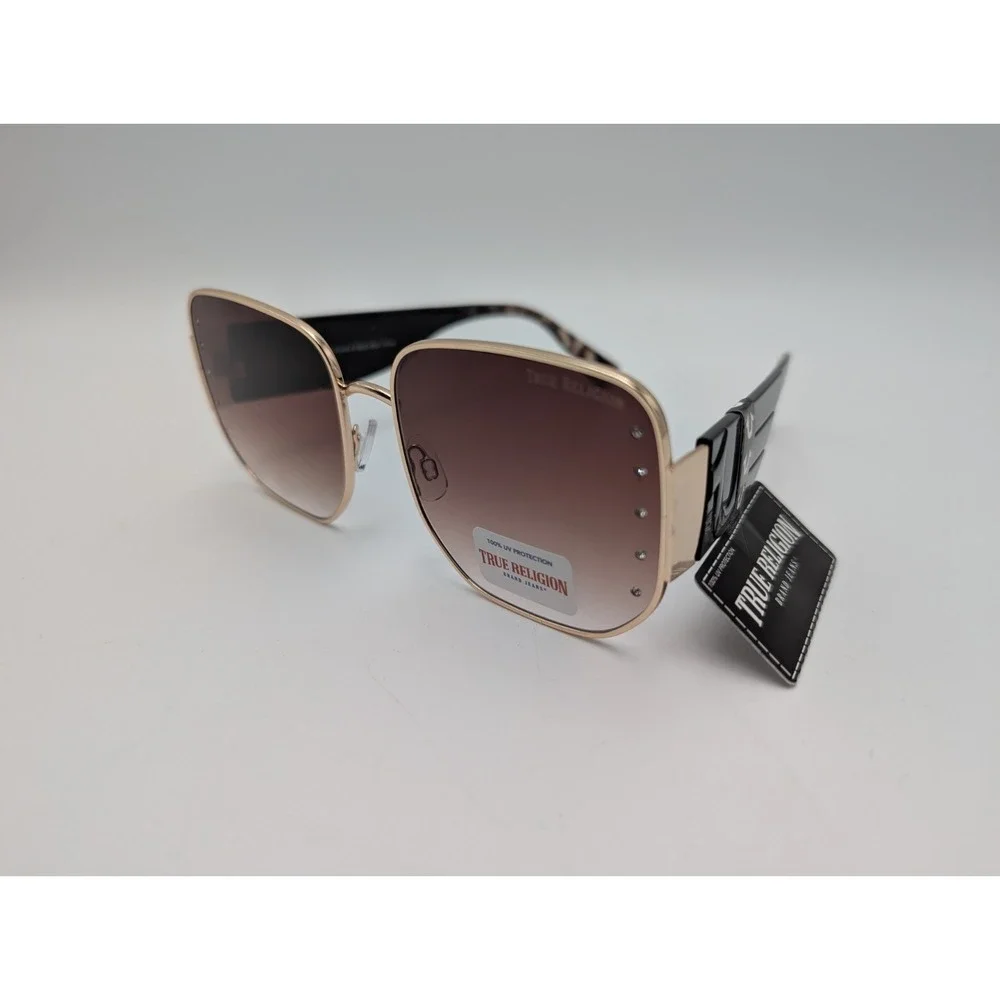 TRUE‎ RELIGION Sunglasses Square Gold Tortoise Arms Purple Gradient Lens Womens